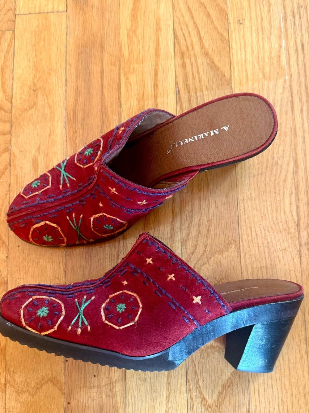 A. Marinelli Red Embroidered Suede Mule Heels